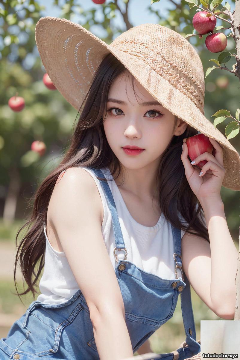 AI-generated beauty ~ girl in straw hat and suspenders in apple orchard