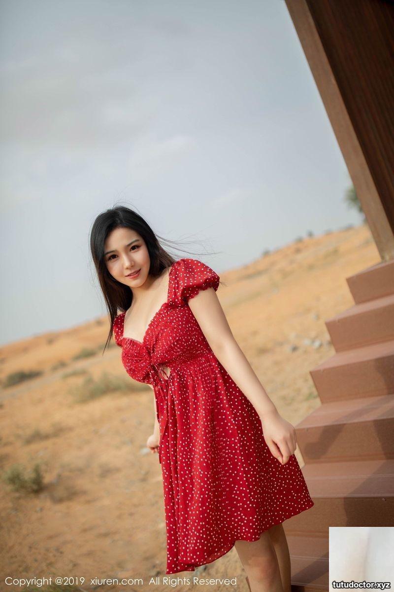 Beauty Xu Weiwei in red dress gets wet and seduced in desert swimming pool (53P)